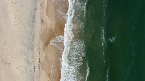 dolly in bird's eye aerial shot of the tropical rio grande do norte, brazil coastline with golden sand, turquoise clear water and waves crashing on shore in between baia formosa and barra de cunha?