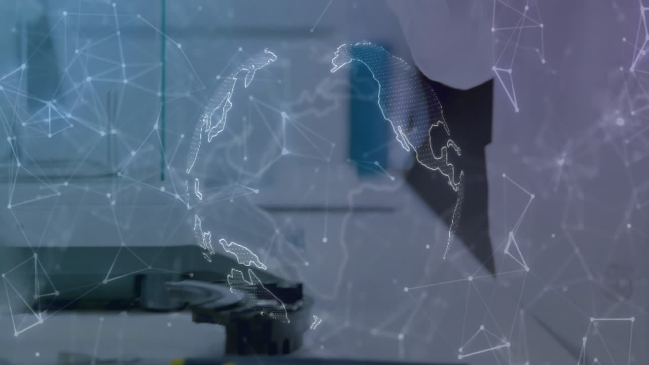 Digital world map animation over laboratory equipment and scientific environment