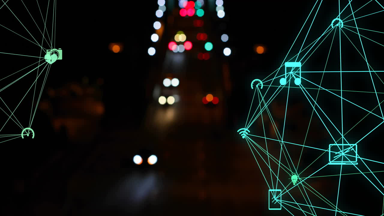 연결 네트워크와 데이터 처리 애니메이션을 통해 흐릿한 도시 불빛