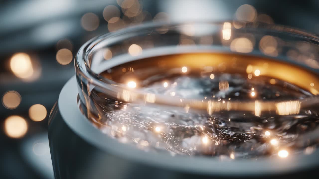An Artistic Close-Up of a Reflective Glass Bowl Filled with Liquid, Surrounded by a Glittering Background, Showcasing the Interaction of Light and Water in a Captivating Visual Display