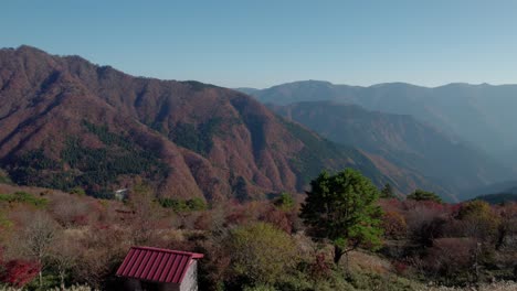 Fly-over-the-mountains-of-Shikoku-in-autumn,-with-the-red-foliage-in-Japan