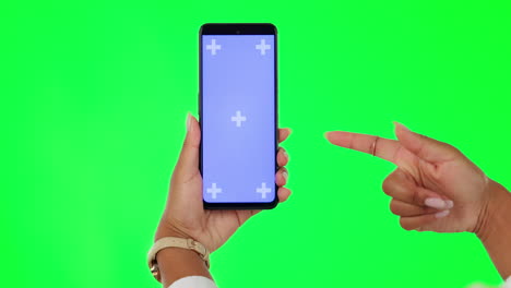 Woman,-hands-and-phone-mockup-on-green-screen