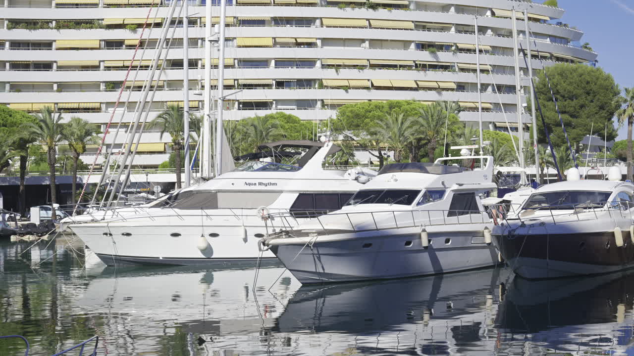 Villeneuve-Loubet, France - June 7, 2025: Boats docked in the Marina Baie des Anges in daylight