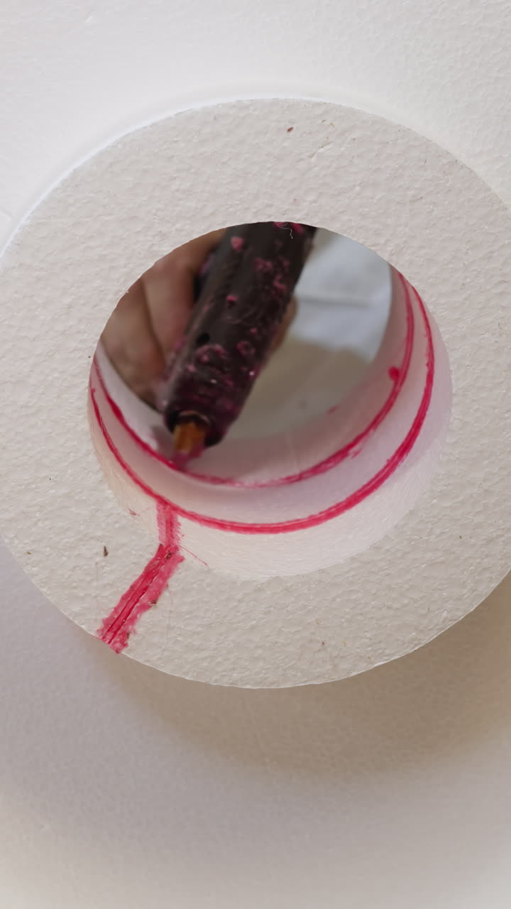 Close-up of a polystyrene foam roll with red marking, hand in motion