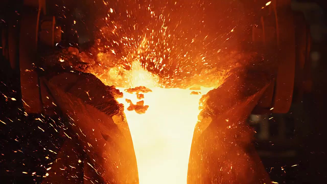 Metallo fuso che cola con scintille volanti in una fonderia industriale.