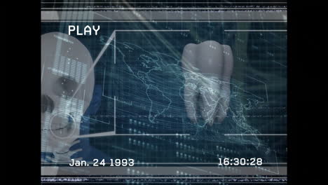 futuristic data analysis animation over world map and digital interface