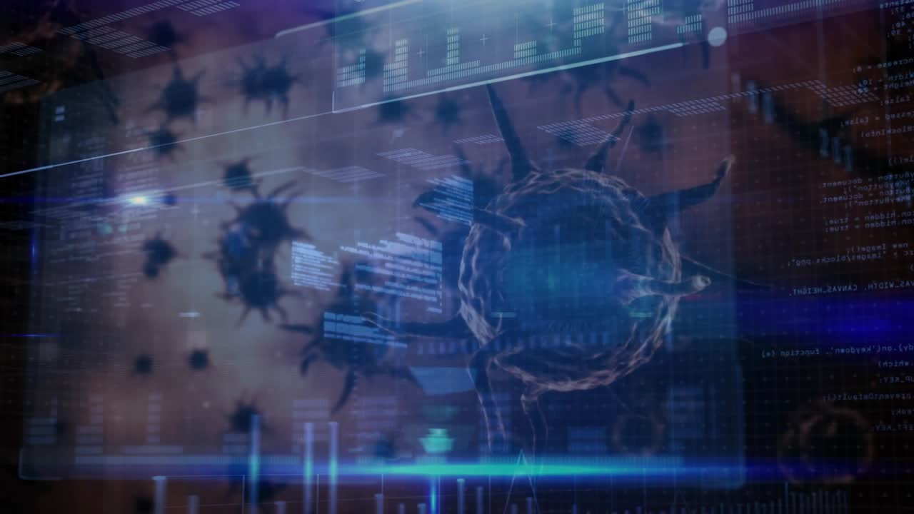 Opening grid, spiky spheres drifting, UI panel fading and central sphere rotating enabling analysis