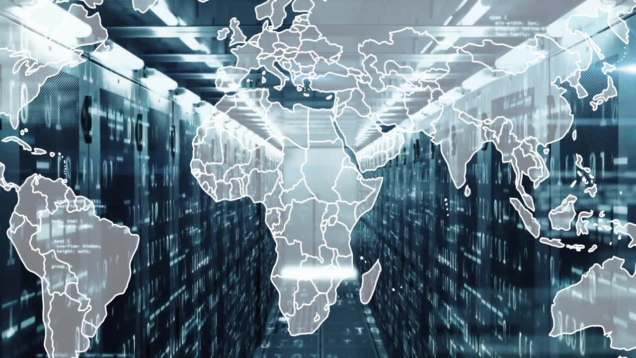 In technology center, animation of world map overlaying data servers in use