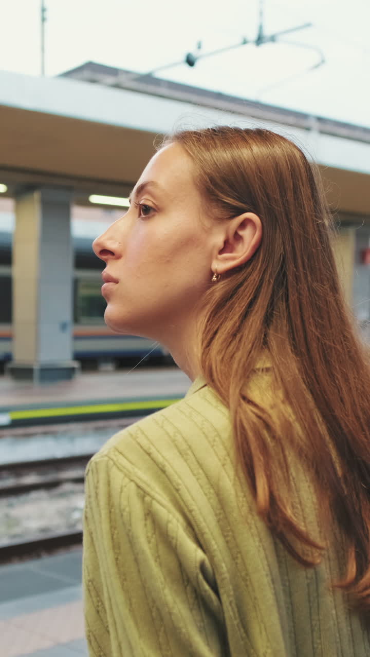 Young Woman Waiting at a Train Station Platform