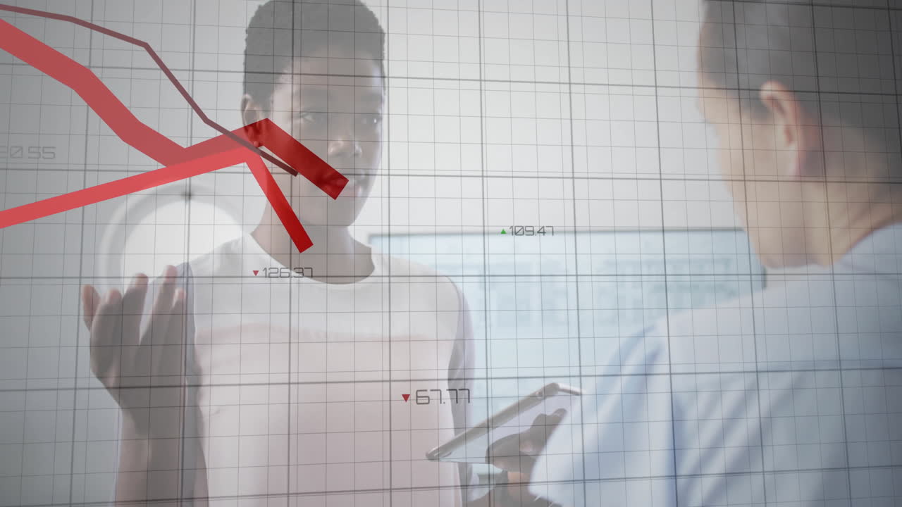 Animation of red lines and financial data processing over diverse business people in office