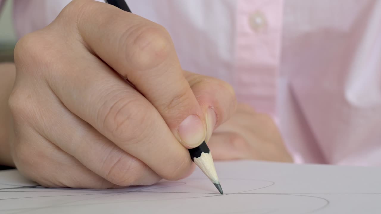 dibujando un boceto con un lápiz de grafito. mano femenina de primer plano sostiene un lápic de grafito y conecta líneas en papel. neurografía