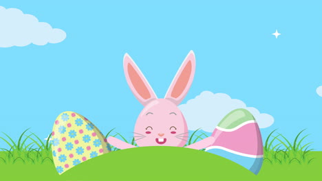 happy easter animated card with eggs painted in the field