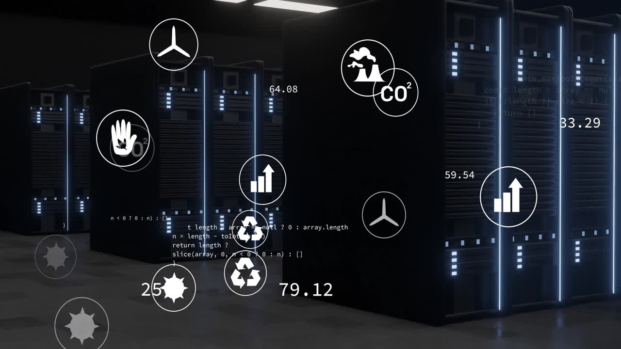 Animation of data processing icons overlaying statistics in server room environment