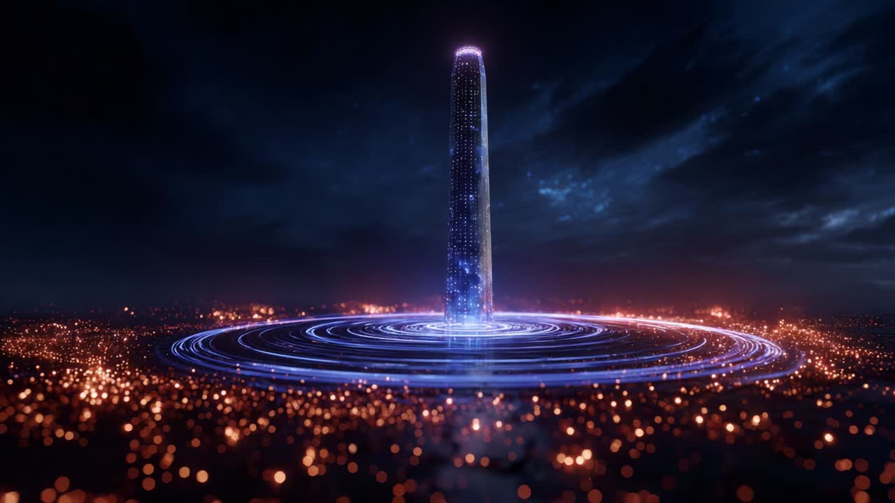 A Stunning Visual Journey Through a Cosmic Tower of Light, Showcasing a Luminous Structure Seemingly Reaching for the Stars, Surrounded by a Mesmerizing Spiral of Illuminated Energy and Particles
