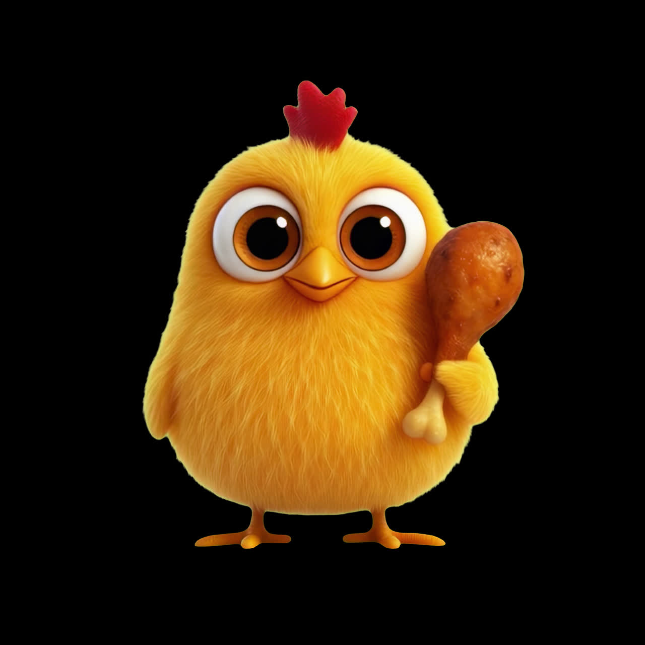 Animación de pollo de dibujos animados sosteniendo una pata de pollo, recurso aislado, vídeo transparente en 4K, alfa