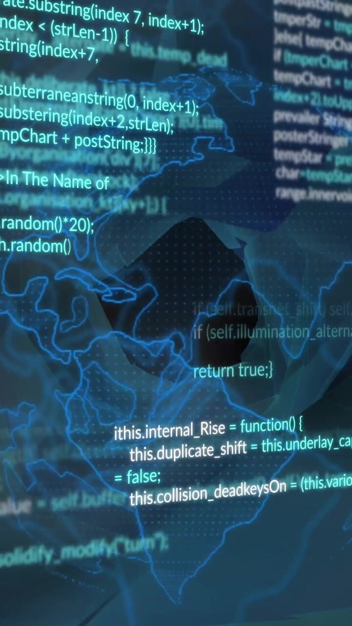 Animation of data processing over spinning globe against black background