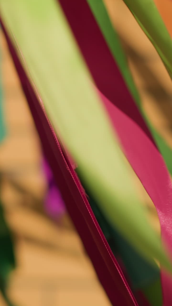 primer plano de cintas color lima y magenta ondeando; estilista de atelier arreglando serpentinas de satén en un estudio iluminado por el sol; la suave brisa crea un movimiento delicado, textura sedosa, patrones verticales en capas, primaveral