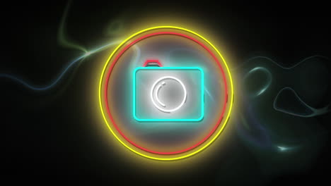 animación del icono de la cámara digital de neón azul parpadeante en un círculo brillante