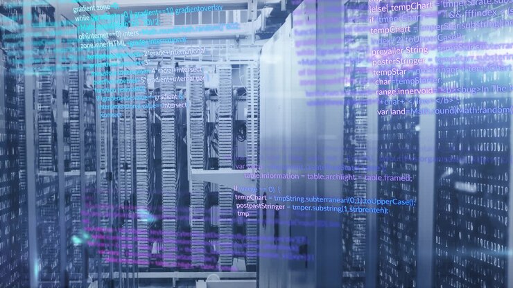 Computer code animation over server racks in data center