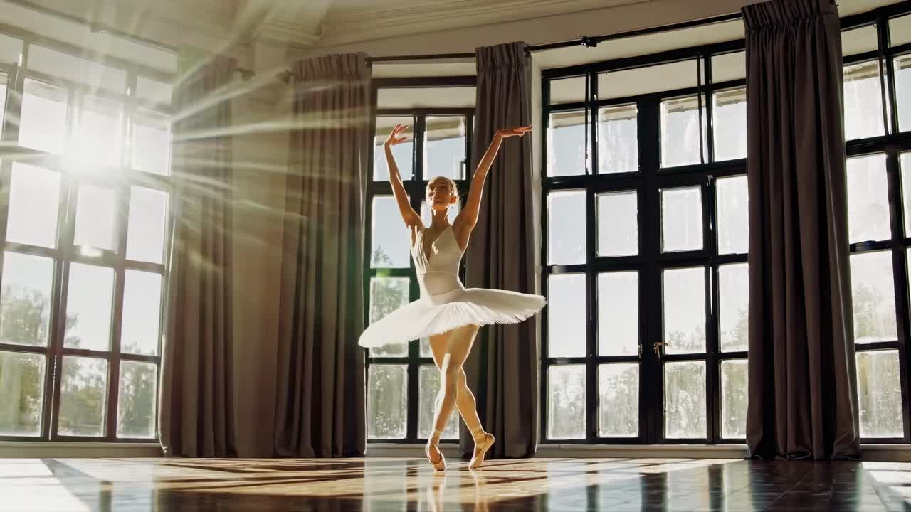 Una ballerina in tutù posa con grazia in una stanza illuminata dal sole.