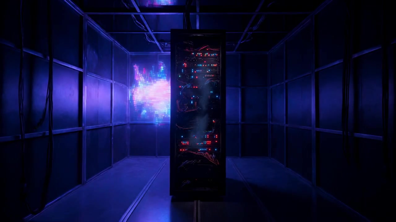 Nuvola multicolore pulsante che appare e si muove attorno a un alto rack di server in una camera metallica, illuminando i LED.