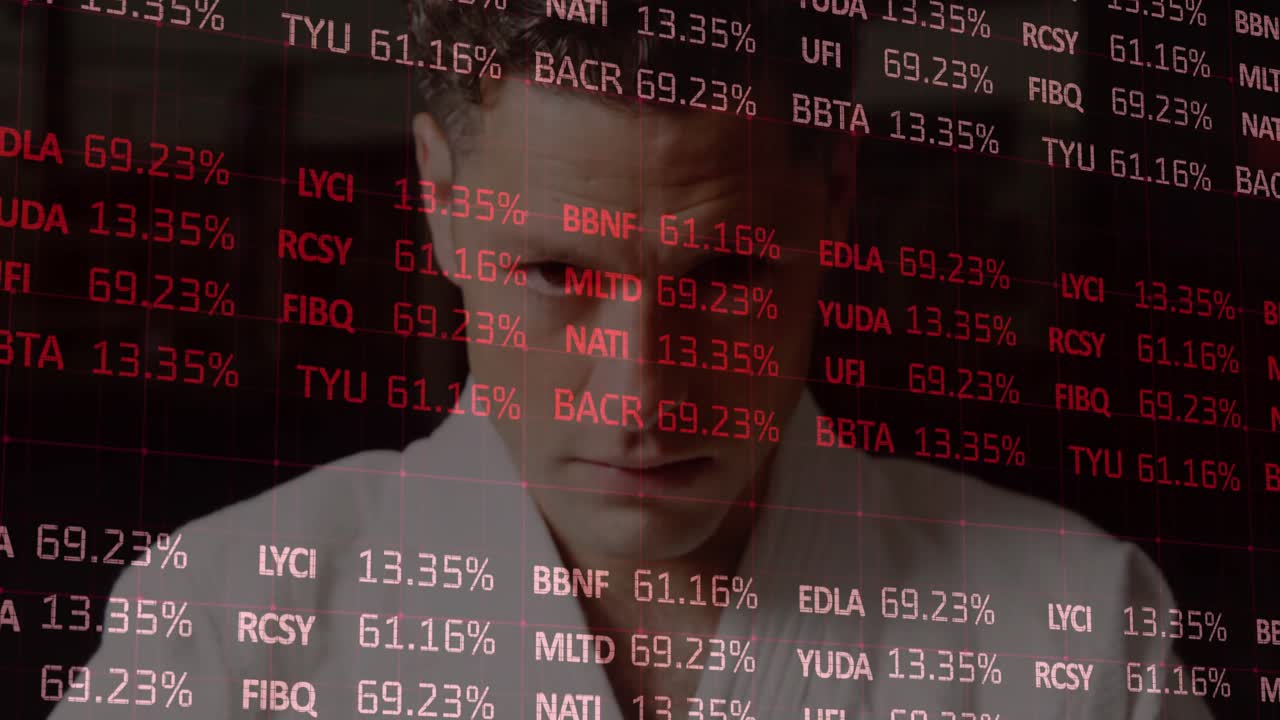 Analyst monitoring scrolling ticker percentages on transparent display for financial insights