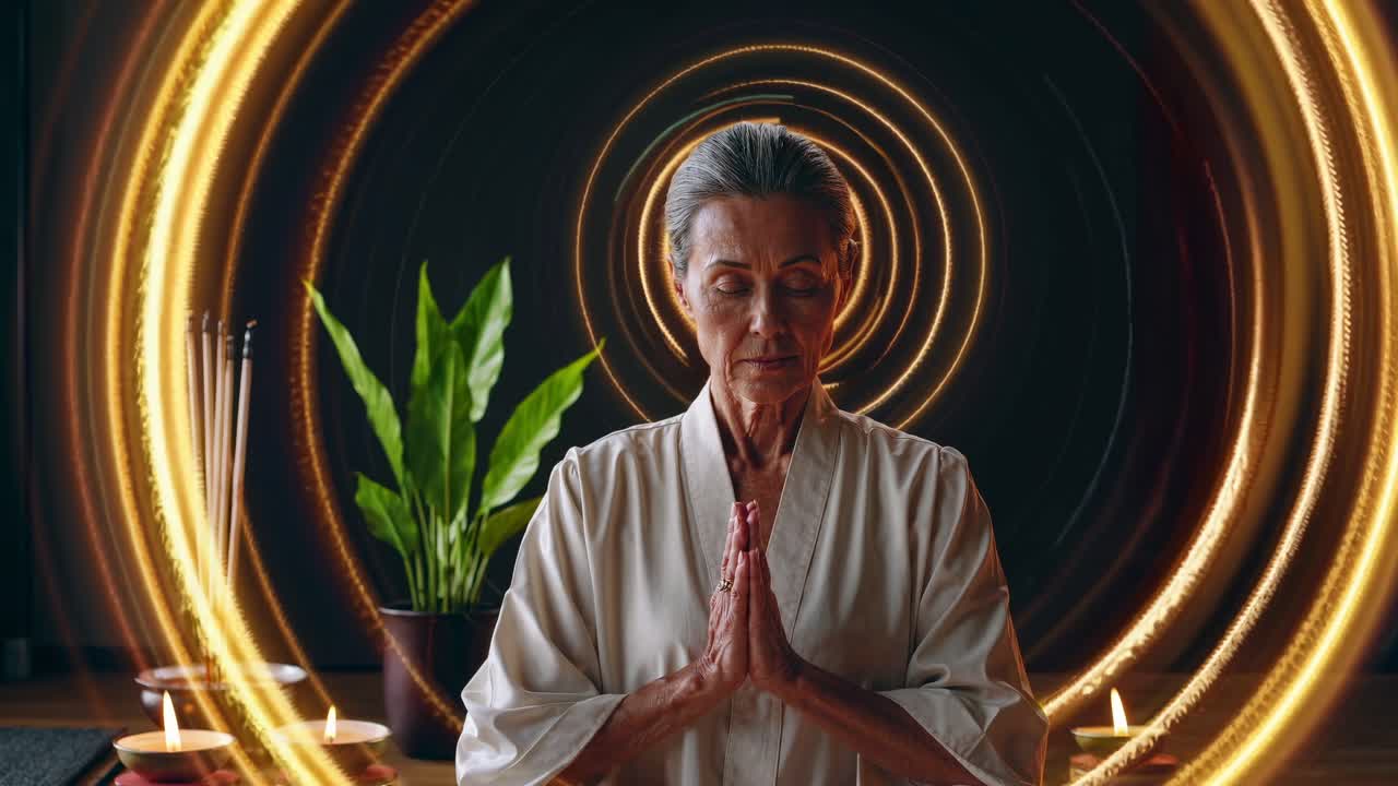 silueta femenina meditando, emanando energía espiritual luminosa a través de una aura etérea brillante en medio de la luz suave de las velas y el incienso, simbolizando la tranquilidad interior y la conciencia atenta