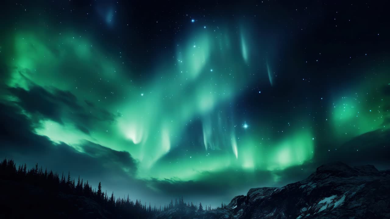 Un'ipnotica foto grandangolare dell'aurora boreale che danza su un paesaggio montuoso, perfetta