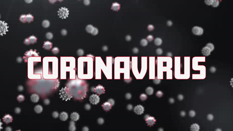 Animation-Von-Coronavirus-Text-Und-Covid-19-Zellen,-Die-über-Schwarzen-Hintergrund-Fliegen