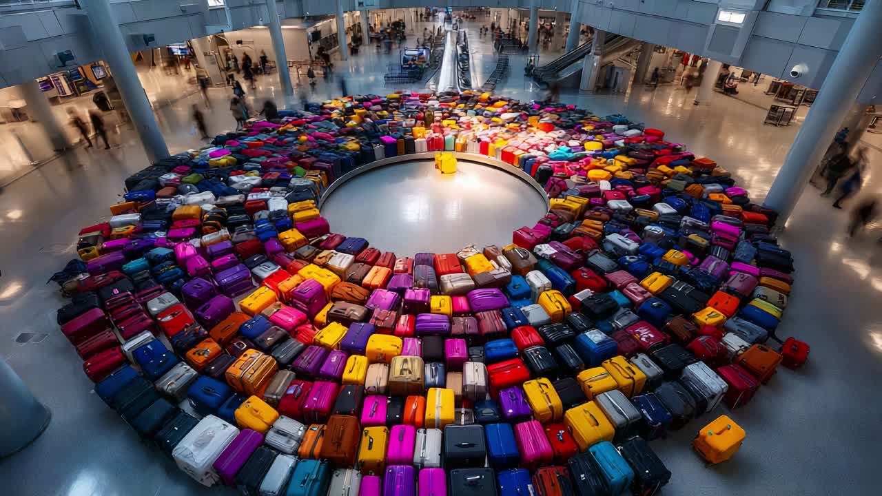 A Vibrant Display of Luggage: Capturing the Unique Spiral Arrangement of Colorful Suitcases at an Airport Terminal, Showcasing a Blend of Styles and Travels in Motion