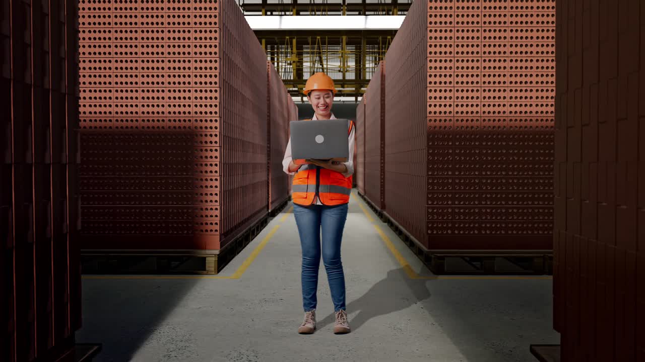 Full Body Of Asian Female Engineer With Safety Helmet Working On A Laptop While Standing With Red Brick Packed in Stacks Are Stored