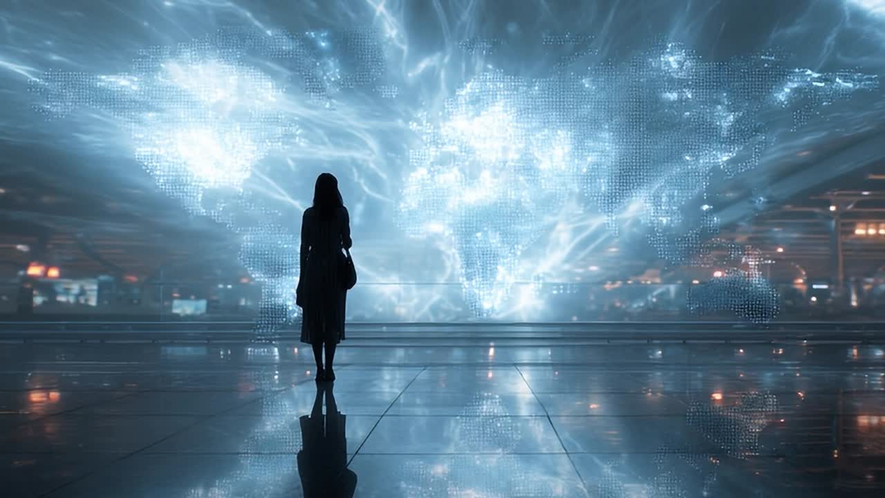 Digital landscape showcases global connectivity and technology at night