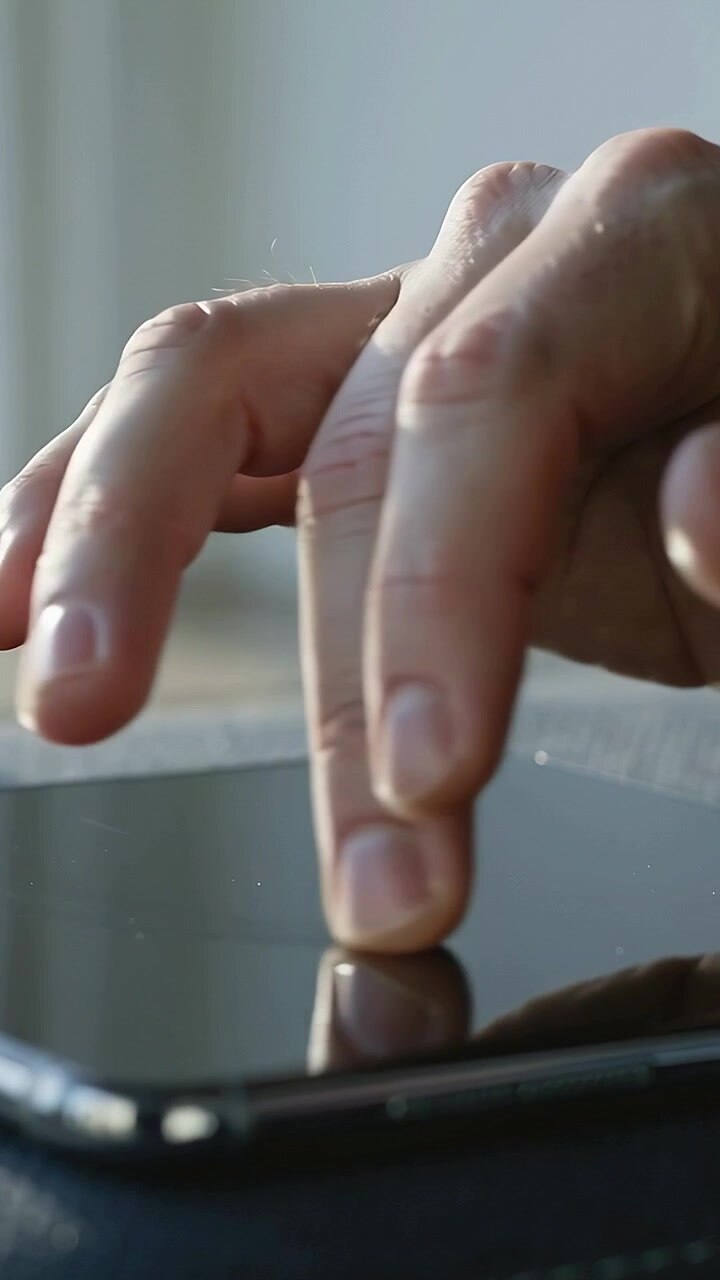 Vertical video: Hovering then touching hands doing light taps on table device near window with ring
