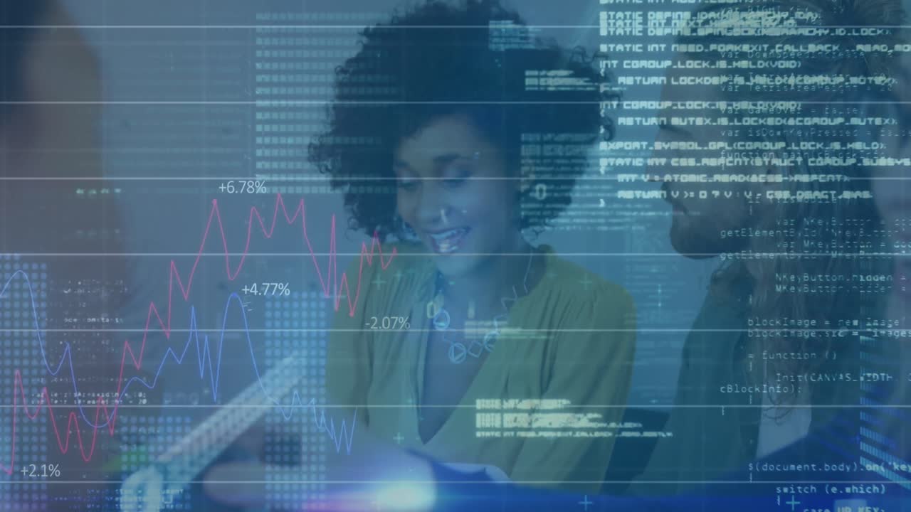Animation of statistics and financial data processing over diverse business people