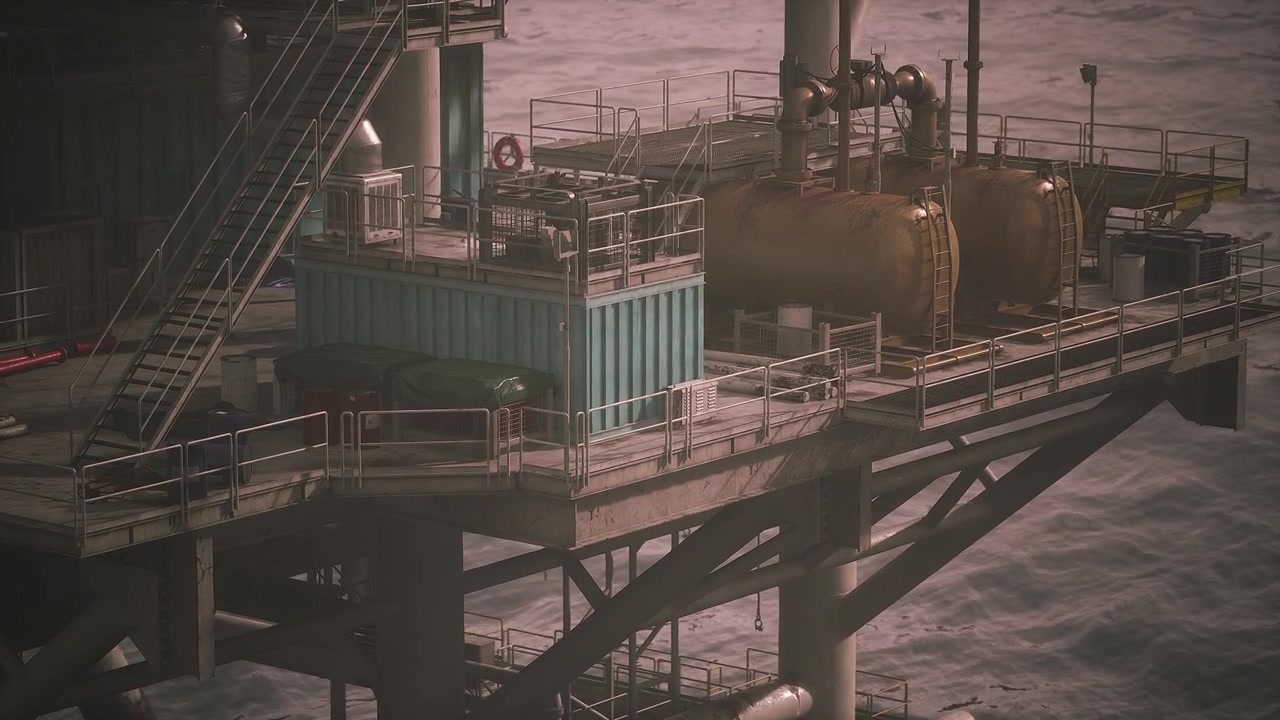 Indviklet maskineri og infrastruktur på en offshore olieboreplatform fremvises