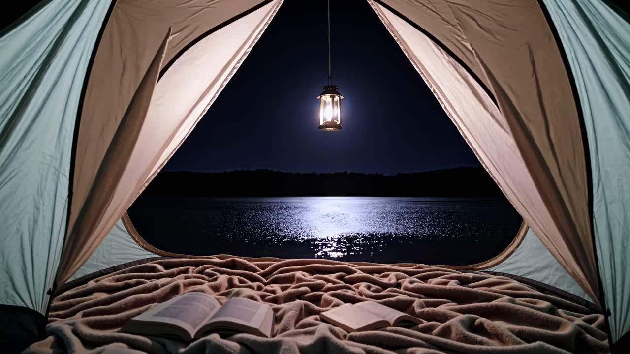 POV video of a cozy tent interior at night, with a lantern illuminating books, overlooking a serene