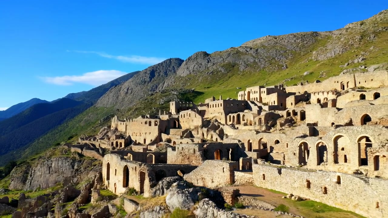 Ampia vista panoramica di un insediamento in pietra abbandonato costruito su un ripido pendio, con archi ripetuti, terrazze, ingressi, muri consumati, detriti sparsi, pendii scoscesi, una cresta distante e un cielo azzurro limpido.