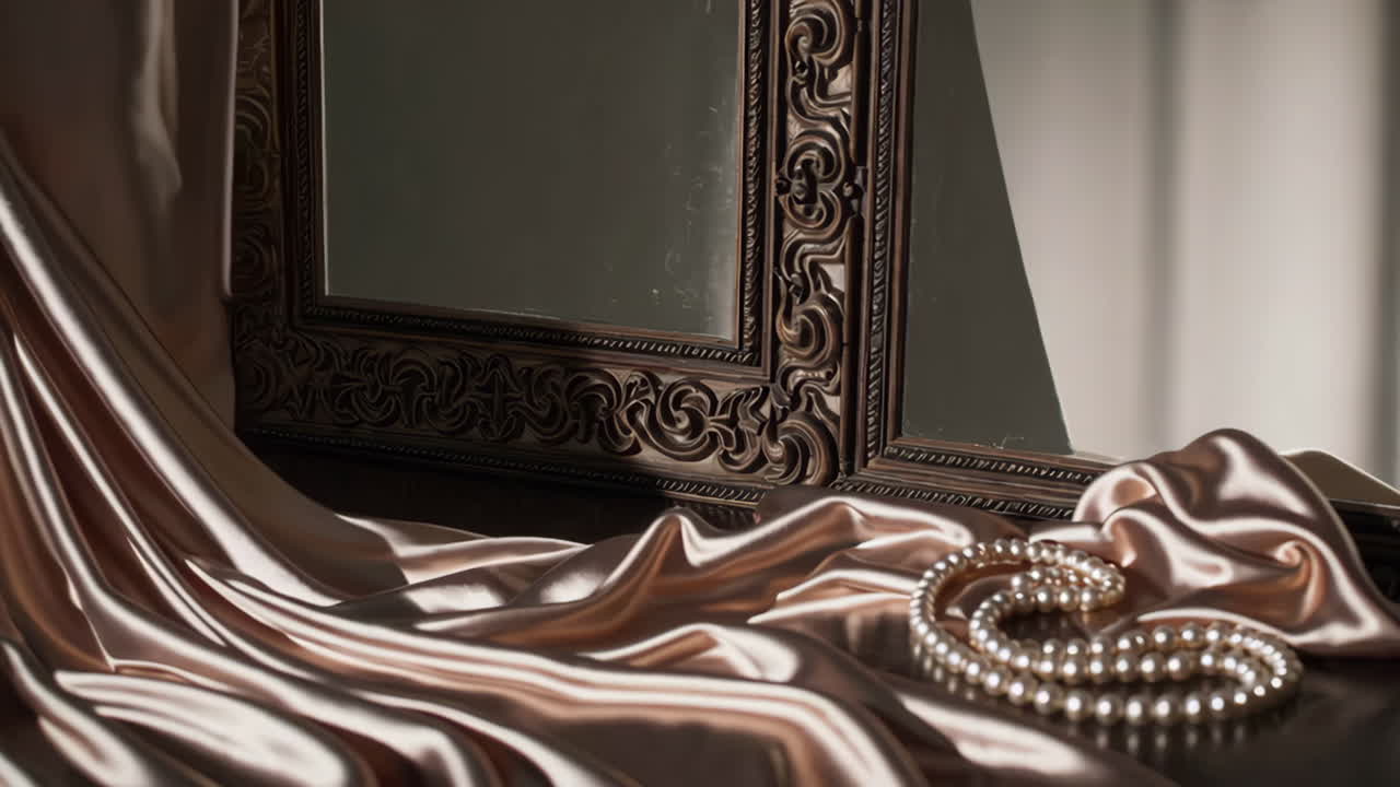 Elegant Silk Drape with Pearls and Antique Mirror