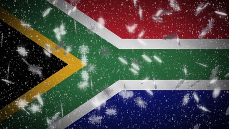 bandera de sudáfrica cayendo nieve en bucle, año nuevo y fondo de navidad, bucle