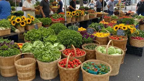 vibrant farmers market showcasing an array of fresh produce with colorful baskets of fruits and vegetables spreading across the stalls