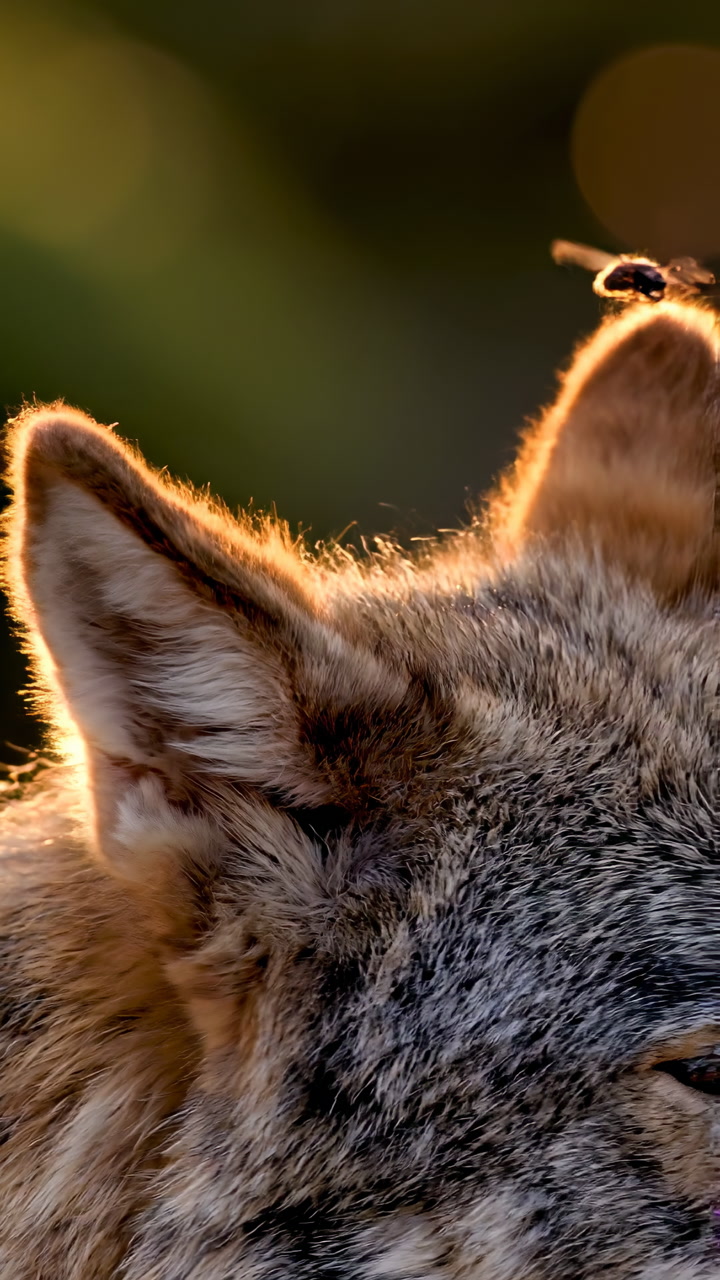Coyote Ear With Hovering Bee Rimlit At Dawn, Tiny Insect Approaches Warm Fur Then Lands, Closeup Profile