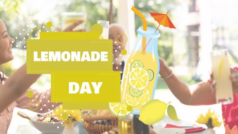 Animation-of-lemonade-day-text-and-lemonade-icon-over-caucasian-family-drinking-lemonade