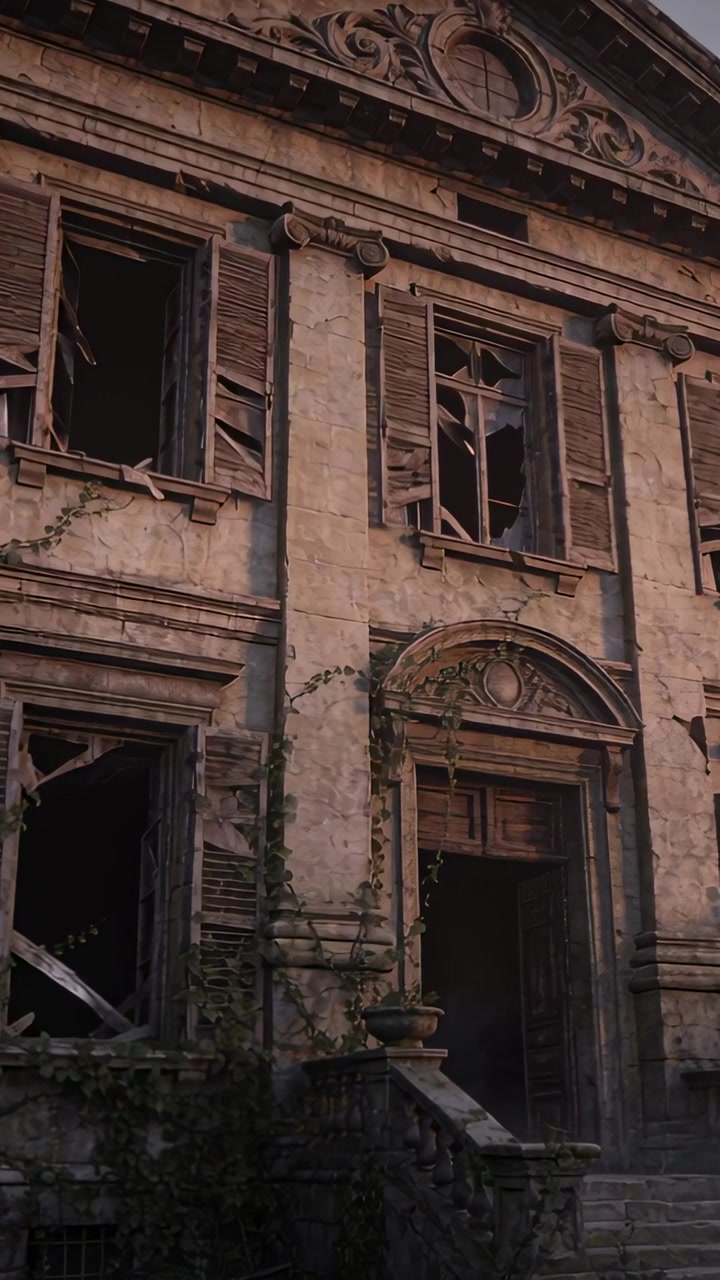 Video vertical: Cámara panorámica revelando la fachada exterior de una mansión, mostrando el deterioro y una entrada.