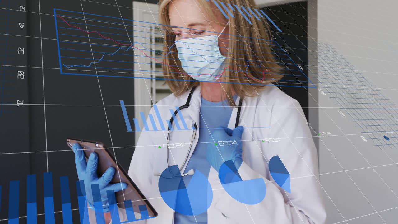 animación de procesamiento de datos sobre una doctora caucásica que usa una máscara facial y usa una tableta