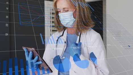 animación de procesamiento de datos sobre una doctora caucásica que usa una máscara facial y usa una tableta