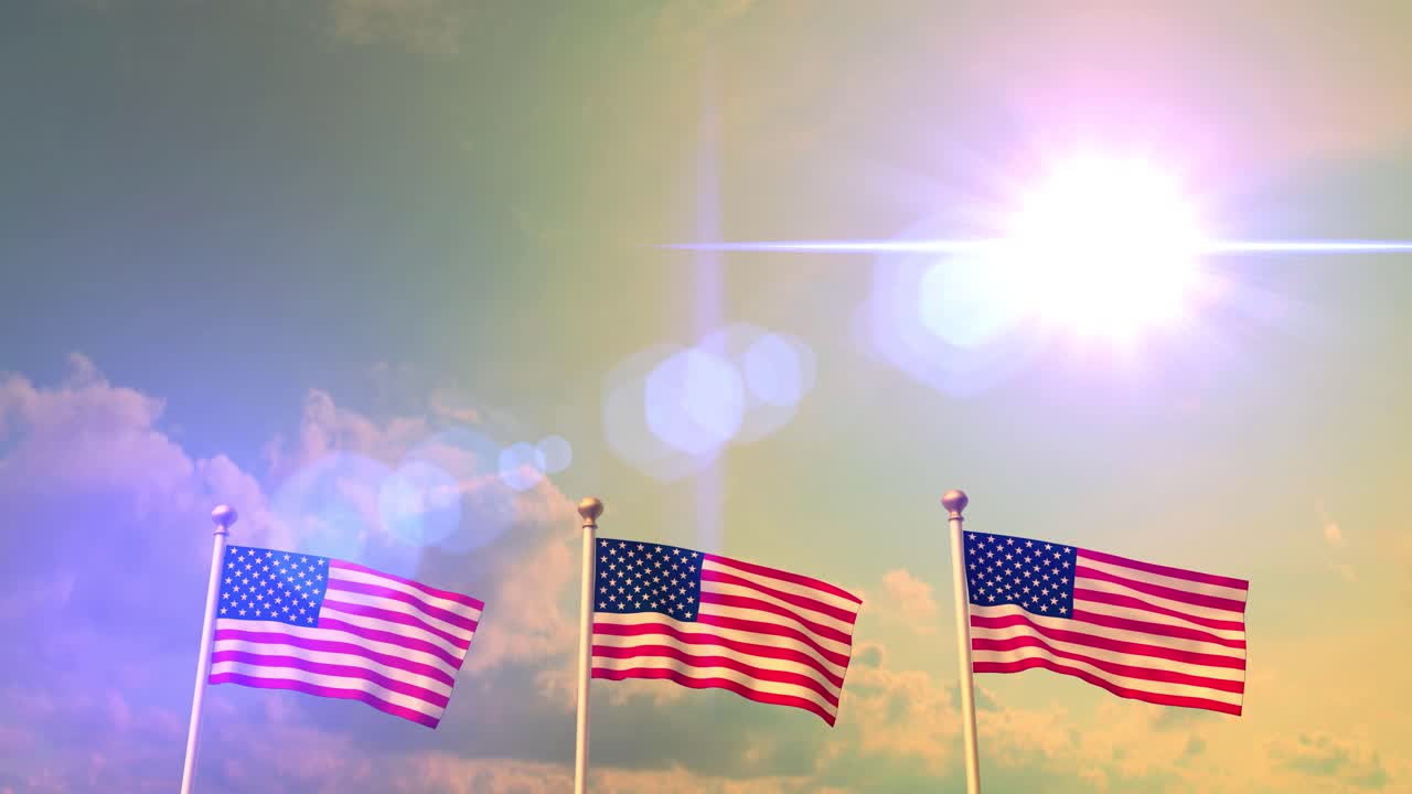 USA US 3 American Flags Waving Against Blue Sky CG Flare 4K