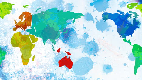 animation of multi coloured world map moving over blue ink stains in background