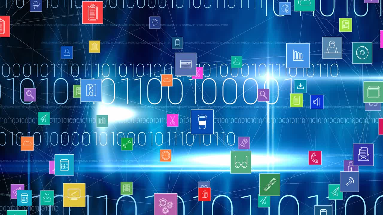 백그라운드에서 바이너리 코딩을 통해 디지털 아이콘으로 연결 네트워크의 애니메이션