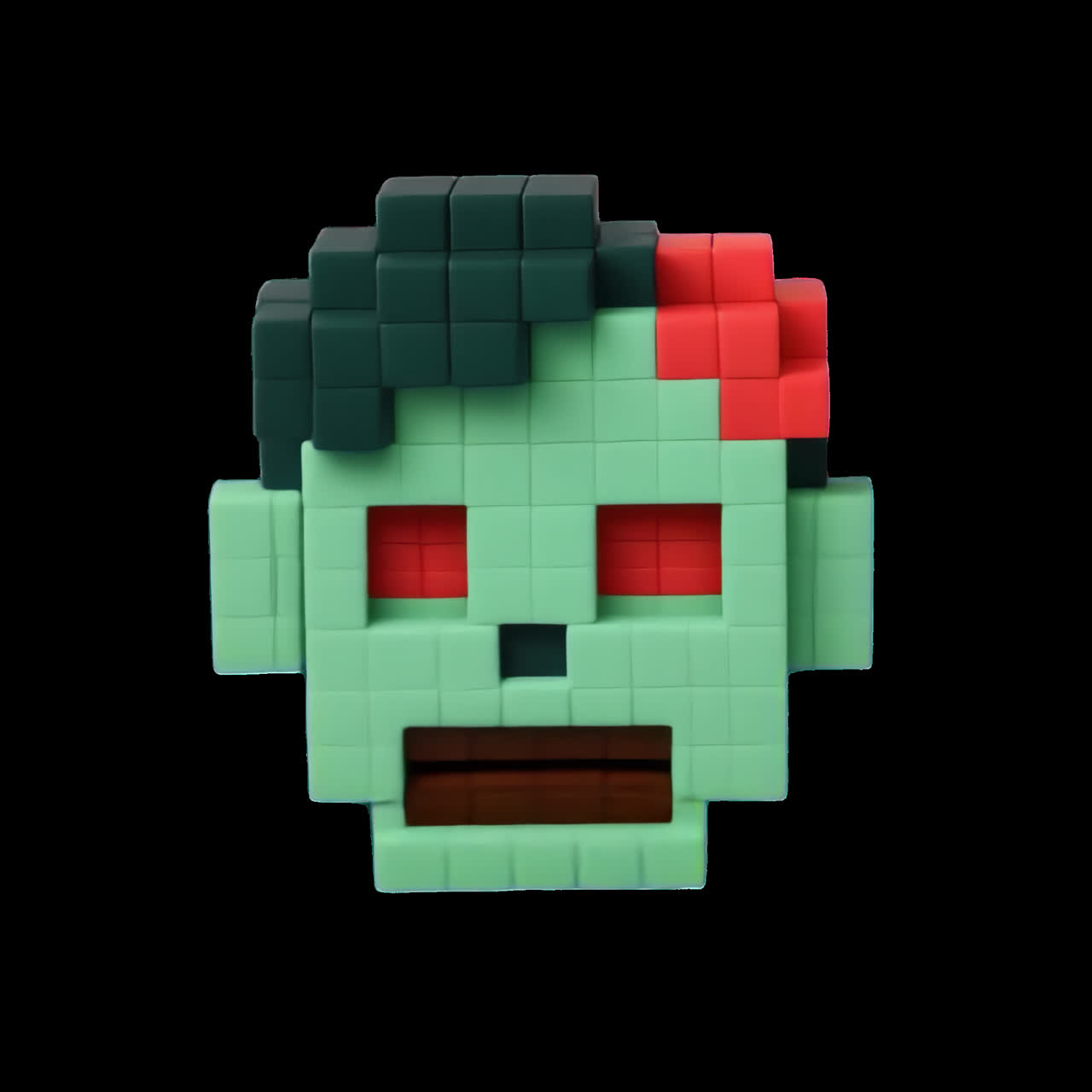 Animazione di un giocattolo a forma di volto di zombie pixelato come risorsa isolata, video 4K trasparente, canale alfa, ProRes 4444.