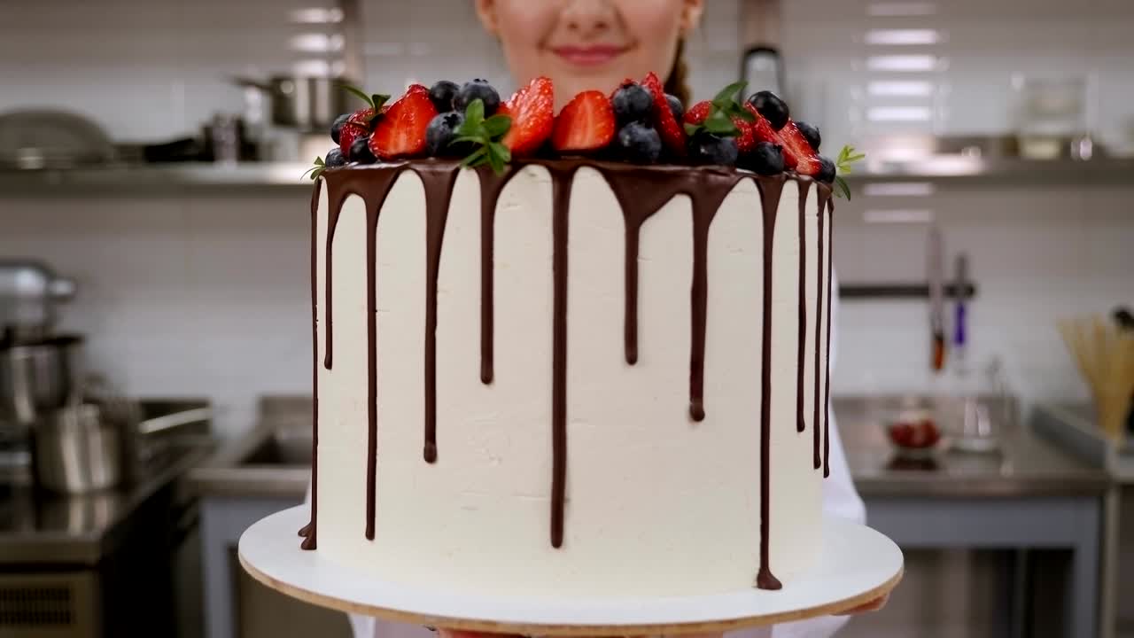 Un pasticcere tiene tra le mani una grande torta cremosa con fragole. Primo piano.